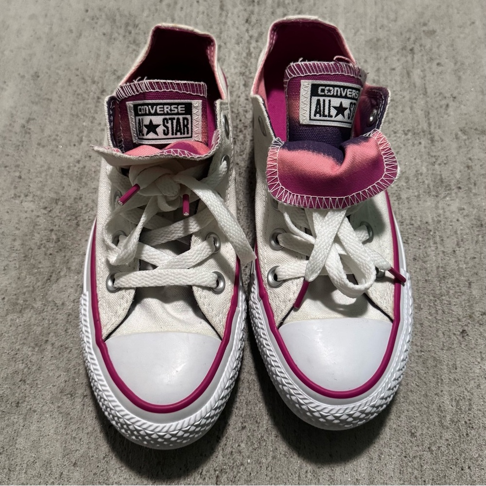 Converse Kids' White and Pink Star Double Tongue Sneakers Size 5Y